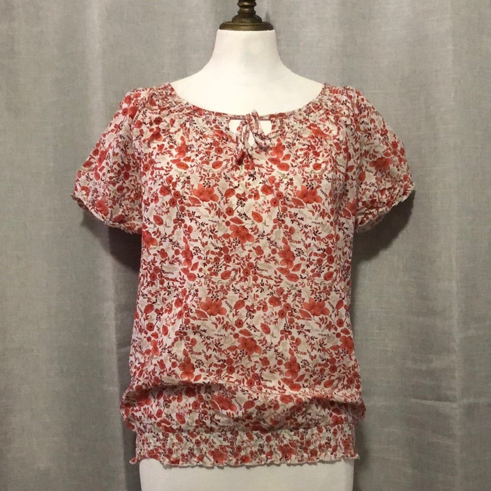 Jaclyn Smith Peasant Style Top-Cotton-Sz S-Red/White Floral-Elastic Hem Detail